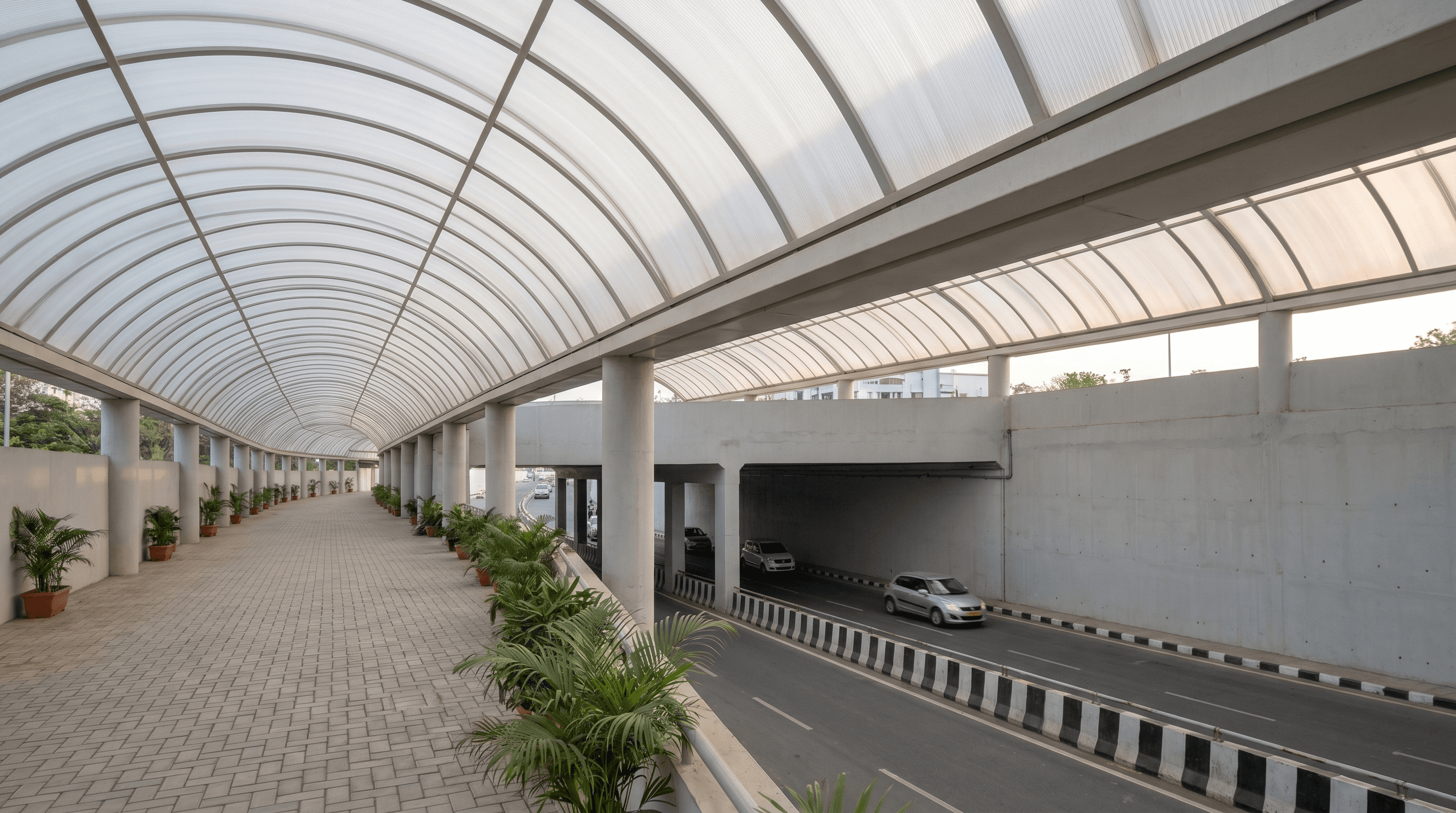 Polycarbonate vault canopy covered walkway — Coxwell Multicell opal