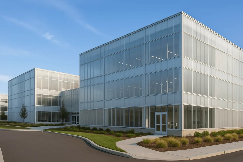 Polycarbonate facade system on corporate hubs and business campuses